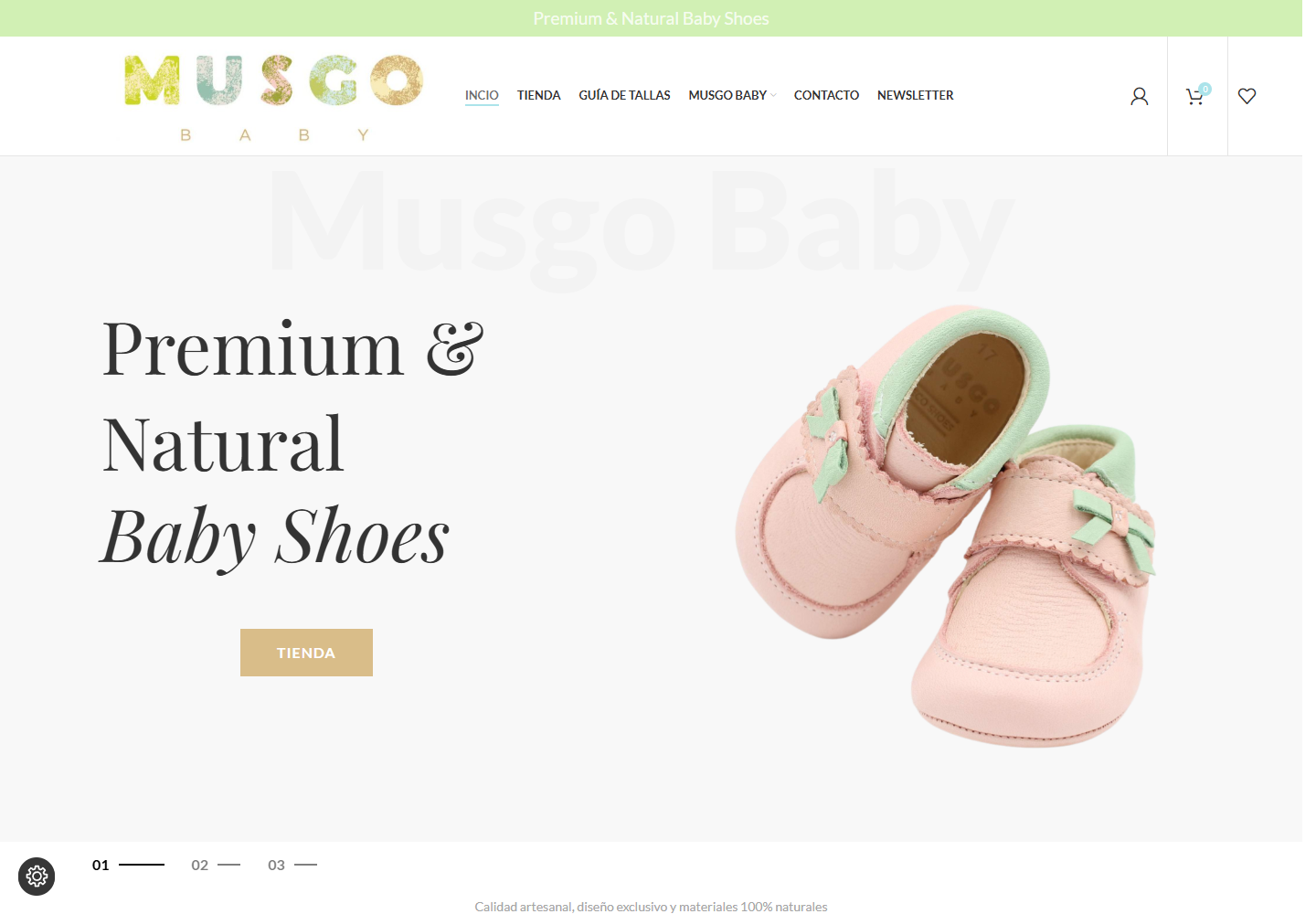 Musgo Baby: Online store for handcrafted children's footwear with catalog, editorial content and WooCommerce.